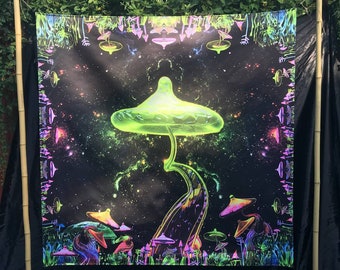 Glow in the Dark Magic Mushroom Tapestry, Neon Psychedelic Fractal Art