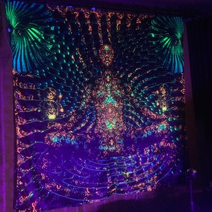 Psychedelic backdrop "SynchronizeDMT" Blacklight Spiritual Tapestry fractal art Fabric Poster Aesthetic Meditation room Techno