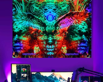 Spiritual tapestry TRIMUTI,  blacklight trippy tapestry, large wall tapestry, chakra art, techno synthwave, futuristic visionary art