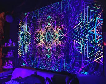 UV Psychedelic Tapestry: Fluorescent Flower of Life, Trippy Blacklight Art