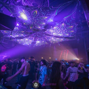 UV Festival Canopy with DJ Stage Triangles & Big Lycra Prints, Psychedelic Fluorescent Ceiling decor