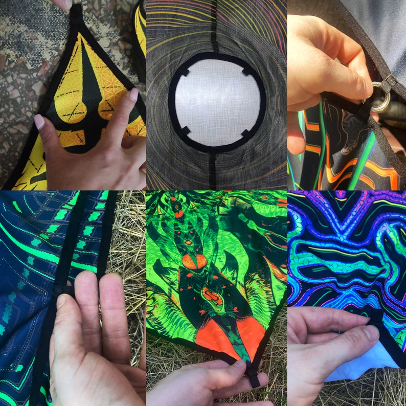 Puede incluir: Un conjunto de seis paneles de tela coloridos con diferentes dise&ntilde;os. Cada panel tiene un borde negro alrededor de los bordes. Los paneles est&aacute;n hechos de una tela fina y ligera y tienen una variedad de patrones abstractos y geom&eacute;tricos.