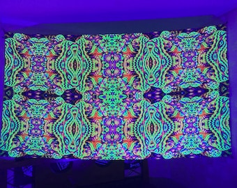 Uv-Reactive backdrop - Mandelbulb fractal - Psychedelic tapestry wall hanging trance Trippy Poster Psy Blacklight Visionary Art Neon light