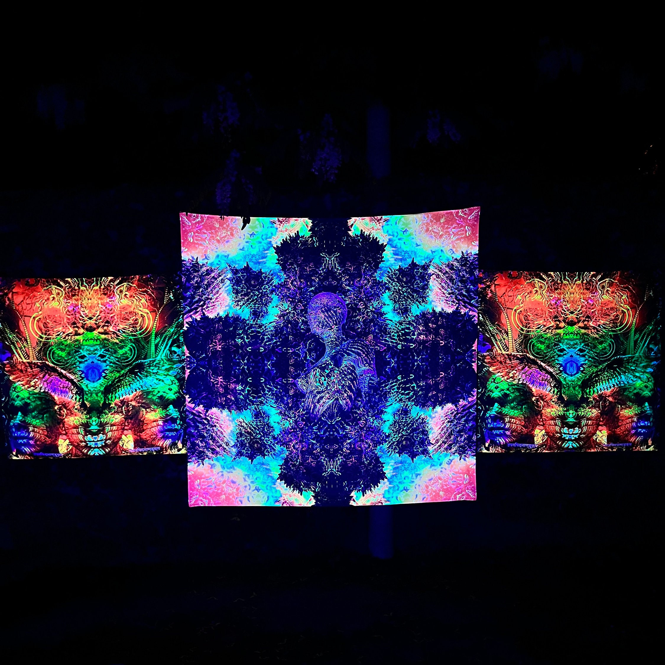 Glow in the Dark Party, DJ Booth Blacklight Tapestry, UV Psychedelic Backdrop, Art Print on Fabric, Trippy Wall Hanging