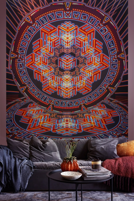 Psychedelic Art Mandala Tapestry Backdrop Cubes Trippy Tapestry Meditation Room Sacred Space Psy Portal Mindfulness Gift Nirvana Etsy