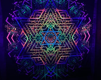 Psychedelic backdrop "Metatron 2023" Blacklight Spiritual Tapestry fractal art Fabric Poster Aesthetic Meditation room Techno