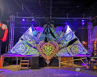 Psychedelic Decoration Stage Metatron. UV-Reactive Psytrance party. Ceiling Decor Fluorescent dj Booth Blacklight Glow