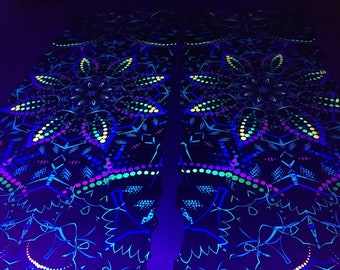 Set - 2 Art Print on Lycra & 2 UV tapestry on Mesh fabric, Fluorescent Wall Hanging Decor, Glow in the dark Psytrance Decor