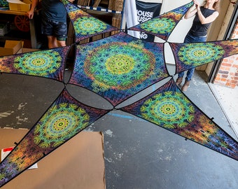 Festival Ceiling Decoration, Psychedelic UV-Reactive Canopy sizes S,M,L – 6 petals set Design &quot;Microchip Meditate&quot;