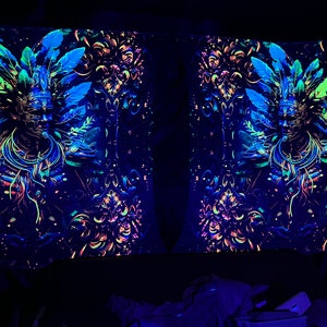 Zwei Kunstdruck auf Lycra Dark Shaman - Psychedelische Leinwand UV spirituelles Geschenk Heilige Geometrie Trance Visionäre Kunst, Neon Trippy Art Poster