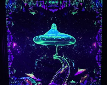UV Mushroom Tapestry – Neon Psychedelic Fractal Art, Blacklight Party Decor
