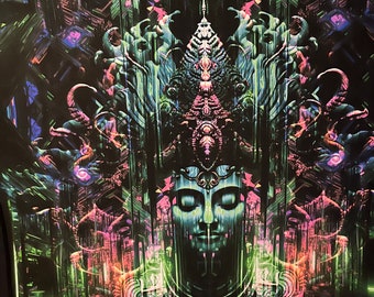 Blacklight Buddha Tapestry, Psychedelic UV Reactive Art