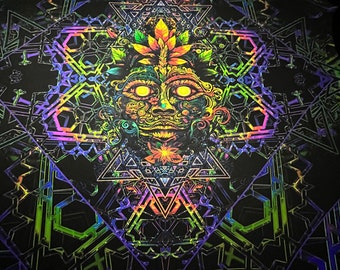 Shaman UV Tapestry - Blacklight Psychedelic Wall Art, Fluorescent Sacred Geometry, Visionary Fabric Decor