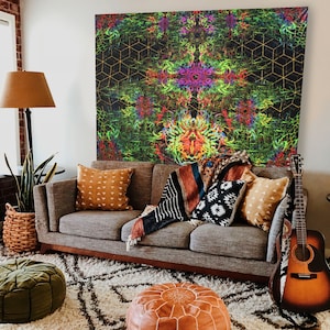 Psychedelic art blacklight, flower tapestry backdrop, JIM TRIPPY esoteric art, spiritual tapestry, psy portal synthwave, mindfulness gift