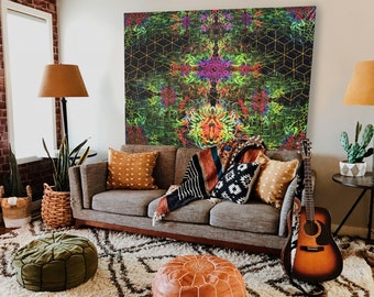 Psychedelic art blacklight, flower tapestry backdrop, JIM TRIPPY esoteric art, spiritual tapestry, psy portal synthwave, mindfulness gift