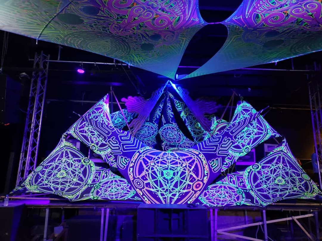 Psychedelic Decoration Stage Metatron. Uvreactive Festival Canopy. Psytrance Party. Ceiling