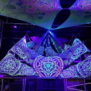 Psychedelic Decoration Stage Metatron. UV-Reactive Canopy Psytrance party. Ceiling Decor Fluorescent dj Booth Blacklight Glow