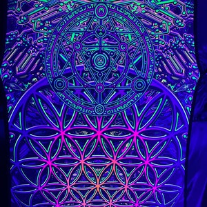 Sacral Gates Art Print on Lycra Psychedelic Canvas UV: Sacred Geometry and Spiritual Trance, Buddha Wall Art, UV printing, Party decor image 3