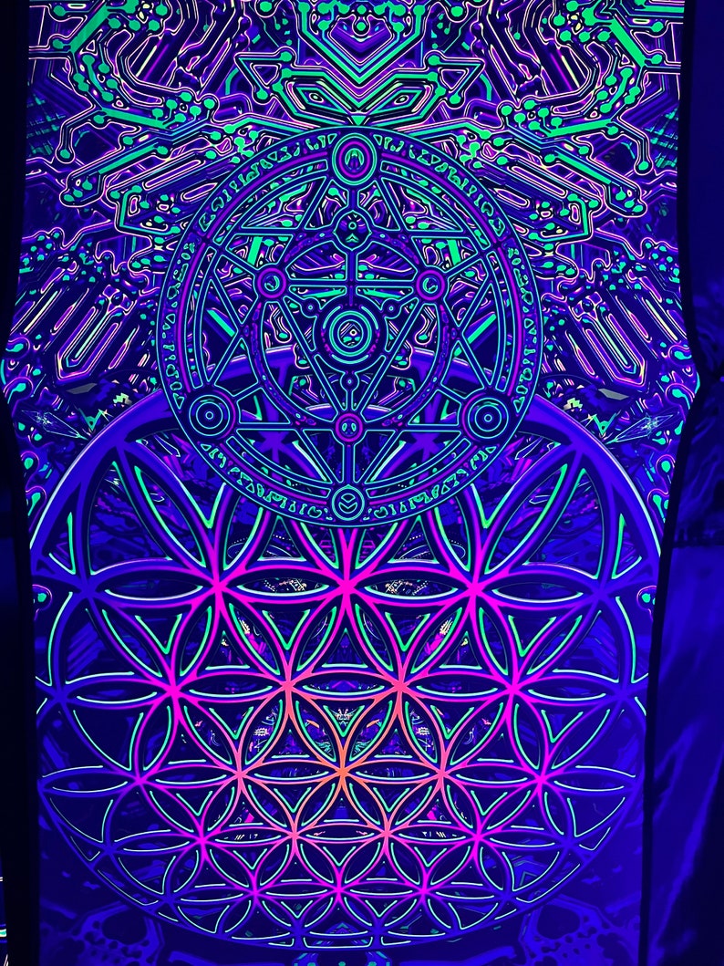 Sacral Gates Art Print on Lycra Psychedelic Canvas UV: Sacred Geometry and Spiritual Trance, Buddha Wall Art, UV printing, Party decor image 3