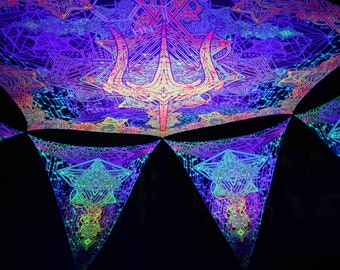May include: A psychedelic tapestry with a glowing, multi-colored design. The tapestry features a large, central trident shape surrounded by geometric patterns and stars. The colors are vibrant and neon, creating a trippy and otherworldly effect.