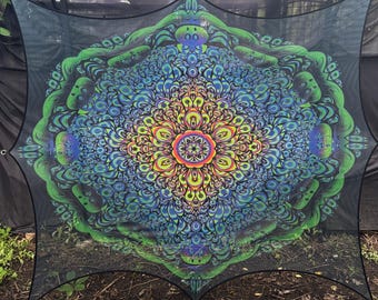 3D Fractal Mandala Tapestry, Psychedelic Blacklight Glow Mesh, UV Reactive Wall Decor (1 Layer)