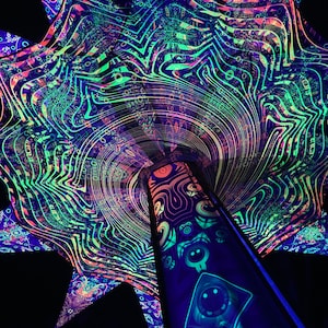 S,M,L Festival Canopy - UV Ceiling Decoration &quot;Many Eyes&quot;, Psychedelic Installations 12 petals set, Poles, Mesh, Black light tapestry