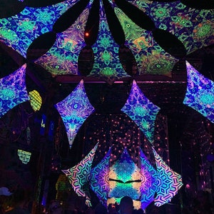 Glow in the Dark Party Festival Canopy SET, Psychedelic Ceiling Tapestries, DJ Booth, UV-Reactive Trippy Decoration