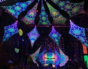 Glow in the Dark Party Festival Canopy SET, Psychedelic Ceiling Tapestries, DJ Booth, UV-Reactive Trippy Decoration
