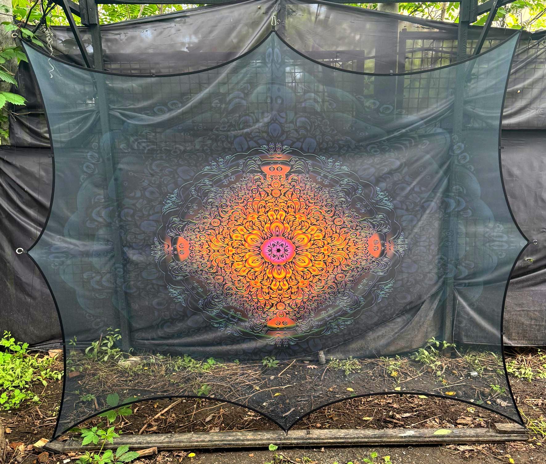 Large Hanging Tapestry with Fractal Mandala Design, Psychedelic Blacklight Glow in the Dark Decor, Mesh Installation