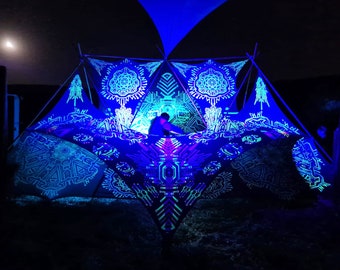 Psychedelic Decoration Small Set for DJ Stage - Trippy UV Psytrance Art, Geometric Wave Design, Neon Sign Art