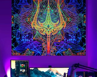 Spiritual Tapestry TRISHULA Uv-Reactive backdrop Shiva Tapestry Visionary Art Neon light Trippy art Psy Blacklight Psychedelic Wall Art