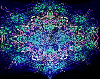 May include: A symmetrical, abstract design with a neon-like appearance. The artwork features a complex pattern of blue, green, and purple shapes and lines against a black backdrop. The design has a kaleidoscopic effect, with a glowing, neon-like appearance.