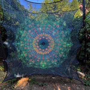 Trippy Psychedelic Mandala Tapestry 2 layers - UV Blacklight Wall Art for Spiritual Vibes