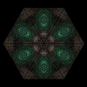 May include: A geometric design composed of six triangular sections arranged in a hexagon. The pattern features intricate, symmetrical designs in shades of green, brown, and gold against a black background. The overall effect is a complex, ornamental pattern.