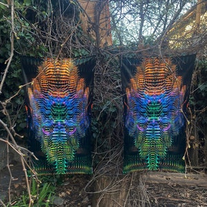 "2 Psychedelische Satin Kulissen ""CHAMA"" Schwarzlicht spirituelle Tapisserie Fraktal Kunst Stoff Poster Ästhetik Meditationsraum Geschenk."