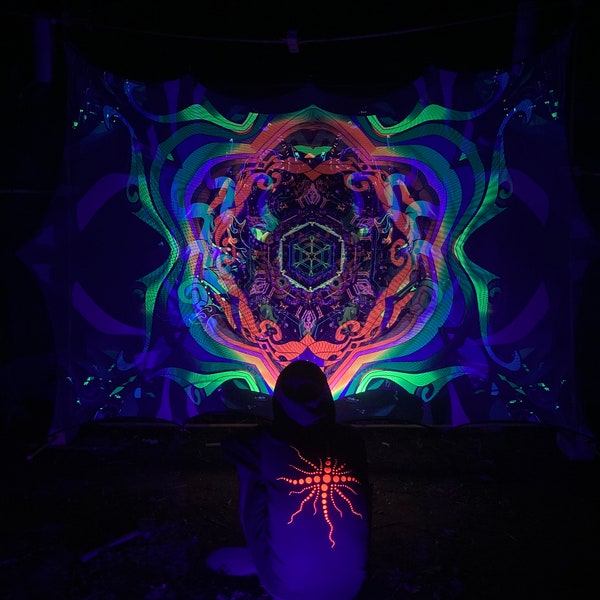 Mystische Eule 2-lagig Mesh-Gewebe Installation UV spirituelles Geschenk Heilige Geometrie Trance Visionary Art