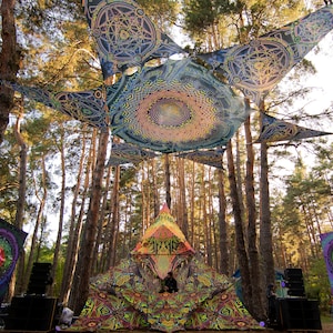 UV-Reactive dj Stage & Canopy Decor - Psychedelic Ceiling Decor, Trippy DJ Booth Psytrance Festival Fluorescent Tent Shamanic