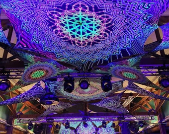 UV-Reactive Dj Stage Sacral Eyes + 2 Canopy - Psychedelic Fluorescent Canopy Festival blacklight PsyTrance decor Trippy hippie goa