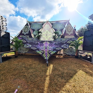 UV Psychedelic Decoration Stage - Geometric Wave - Ceiling Psytrance Festival Decoration Trippy art Fluorescent Glow Lycra UV DJ Booth