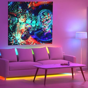 Trippy Schwarzlicht-Tapisserie-abstrakte Wandkunst ""Voronoy Bruch"", ästhetischer esoterischer Hintergrund."
