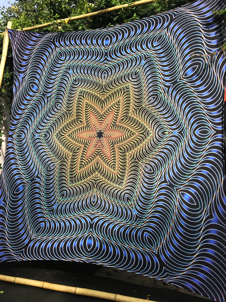 Spiritual lycra tapestry, optical illusion, uv backdrop, forest spirit tapestry, esoteric visionary, art neon light, synth trippy art image 6
