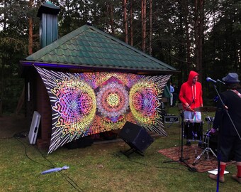 Psychedelic Art Mandala Tapestry  Backdrop SACRAL PORTAL orange Blacklight trippy Backdrop Meditation room Sacred Space Psy Portal Synthwave