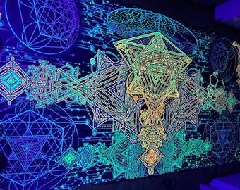 UV Reactive Metatron Tapestry, Sacred Geometry Fluorescent Art