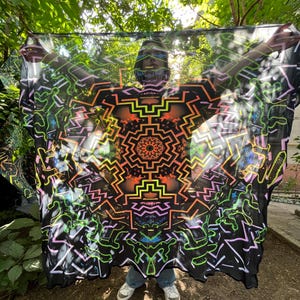 Large Hanging Tapestry with Sacred Geometry Mandala Design, Psychedelic Blacklight Glow in the Dark Decor, Mesh Installation
