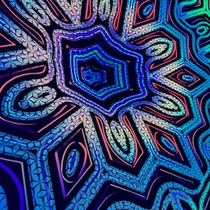 May include: A psychedelic pattern with a blue, green, pink, and purple color scheme. The pattern is made up of repeating geometric shapes and lines.