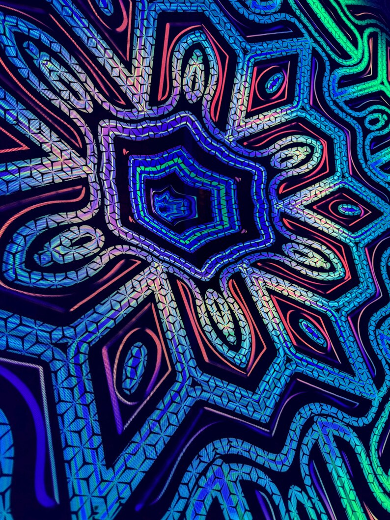 May include: A psychedelic pattern with a blue, green, pink, and purple color scheme. The pattern is made up of repeating geometric shapes and lines.