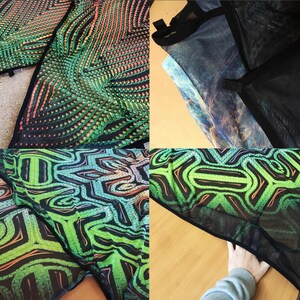 May include: Four different fabric swatches with geometric patterns in shades of green, black, orange, and pink. The fabric is sheer and has a mesh-like texture.