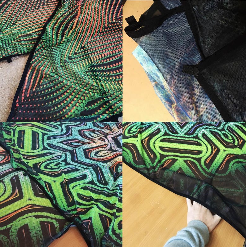 May include: Four different fabric swatches with geometric patterns in shades of green, black, orange, and pink. The fabric is sheer and has a mesh-like texture.