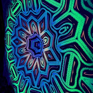 May include: A psychedelic mandala pattern in shades of green, blue, and pink. The pattern is made up of intricate lines and shapes that create a hypnotic effect.