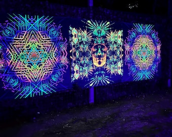 Psychedelic Metatron Tapestry Set, Fractal Art, Sacred Geometry UV Backdrop